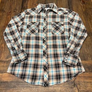 Wrangler Western Plaid‎ Pearl Snap Long Sleeve Shirt Men Medium, country, cotton